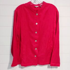 Chicos Women's 3 Damask Floral Linen Blend Jacket Red Mother of Pearl Buttons